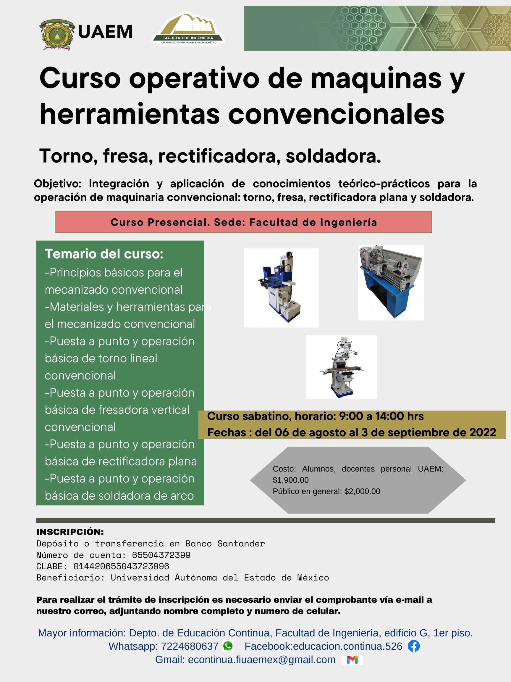 CURSO-TALLER DE MÁQUINAS Y HERRAMIENTAS CONVENCIONALES (torno, fresa,  rectificadora plana y soldadora.)
